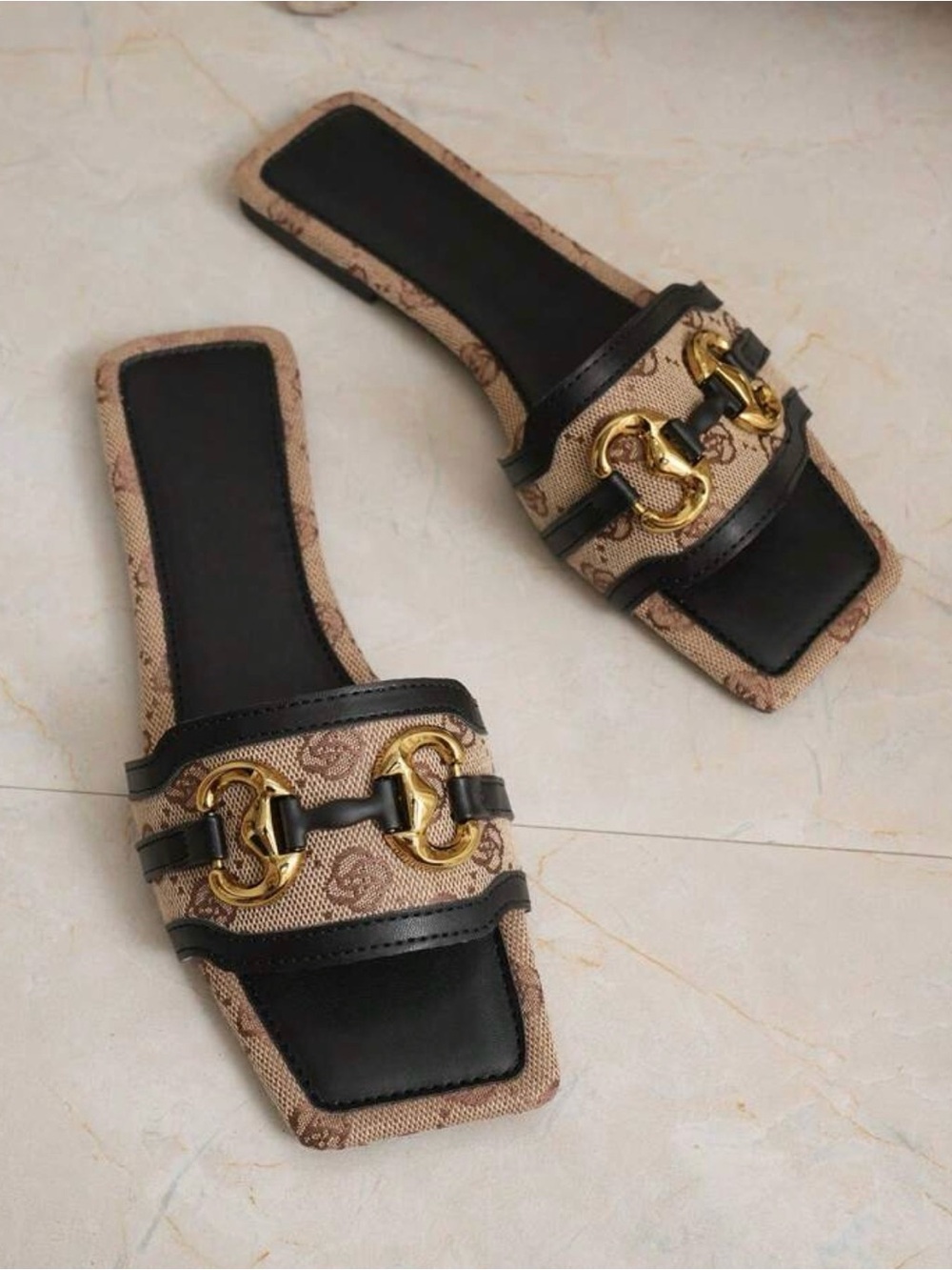 SHEIN Beige Monogram Slide Sandals with Black Trim and Gold Hardware
